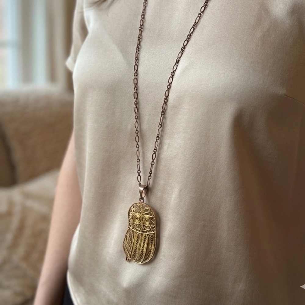 Vintage Filigree Owl Pendant Necklace – Long Gold-Tone Chain – Boho Statement